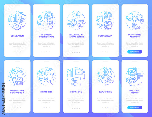 Documents and artifacts onboarding mobile app page screen with concepts set. Focus group and experiments walkthrough 5 steps graphic instructions. UI vector template with RGB color illustrations