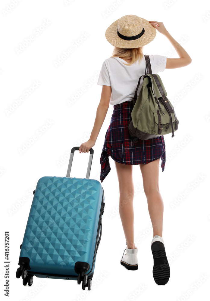 Woman with suitcase walking on white background, back view. Summer travel Woman with suitcase walking on white background, back view. Summer travel