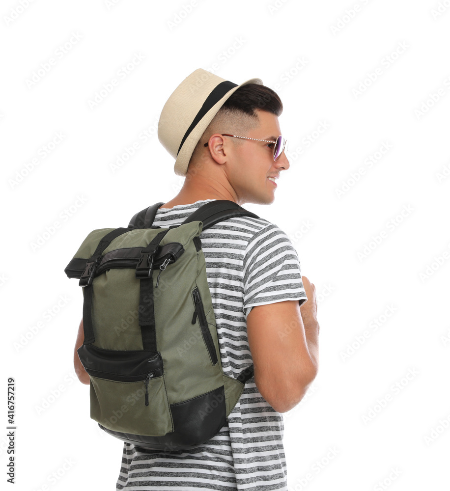 Man with hat and backpack on white background, back view. Summer travel Man with hat and backpack on white background, back view. Summer travel