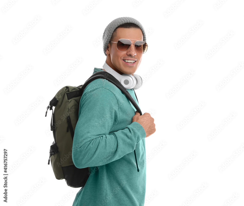 Man with backpack on white background. Autumn travel Man with backpack on white background. Autumn travel