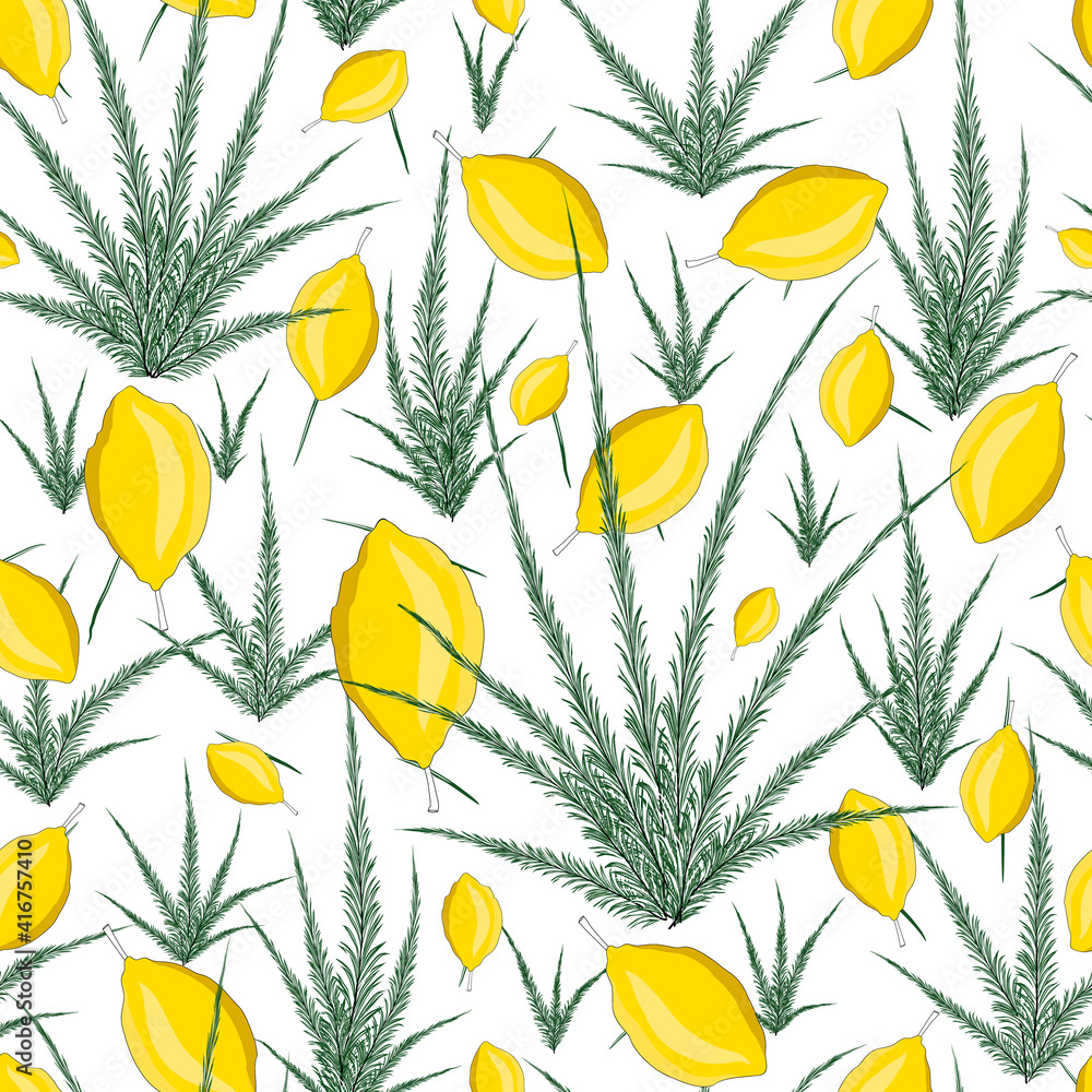 Yellow lemons and green bushes on a white background. Seamless pattern. Design for fabric, print, paper, wrapping.
