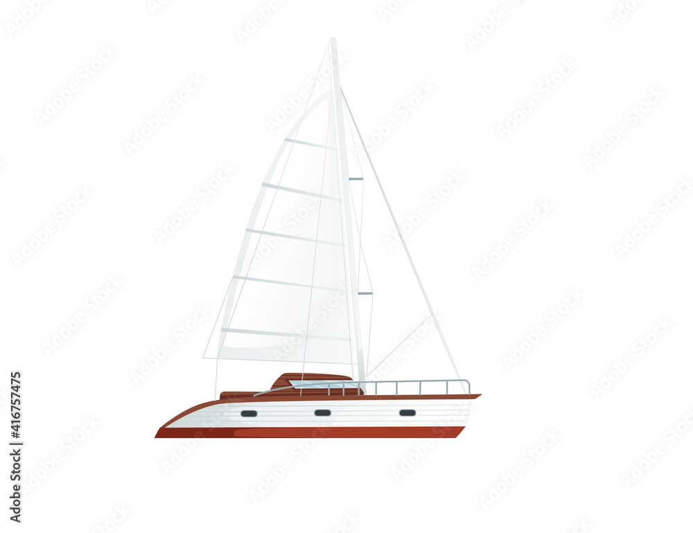 Modern motor yacht boat with sails and motors vector illustration on white background