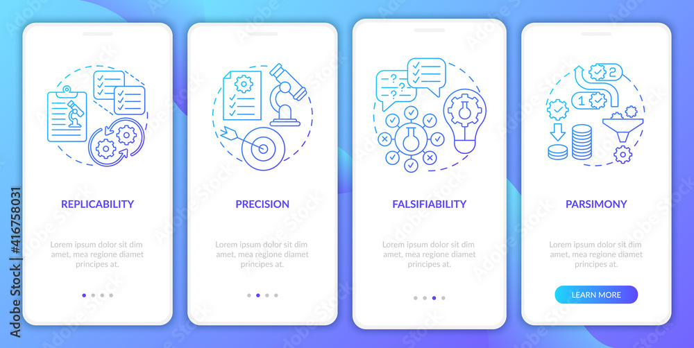 Scientific method requirements onboarding mobile app page screen with concepts. Reputability walkthrough 4 steps graphic instructions. UI vector template with RGB color illustrations