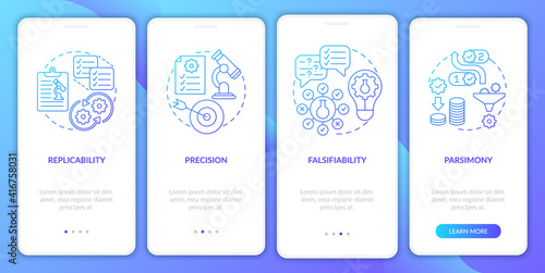 Scientific method requirements onboarding mobile app page screen with concepts. Reputability walkthrough 4 steps graphic instructions. UI vector template with RGB color illustrations