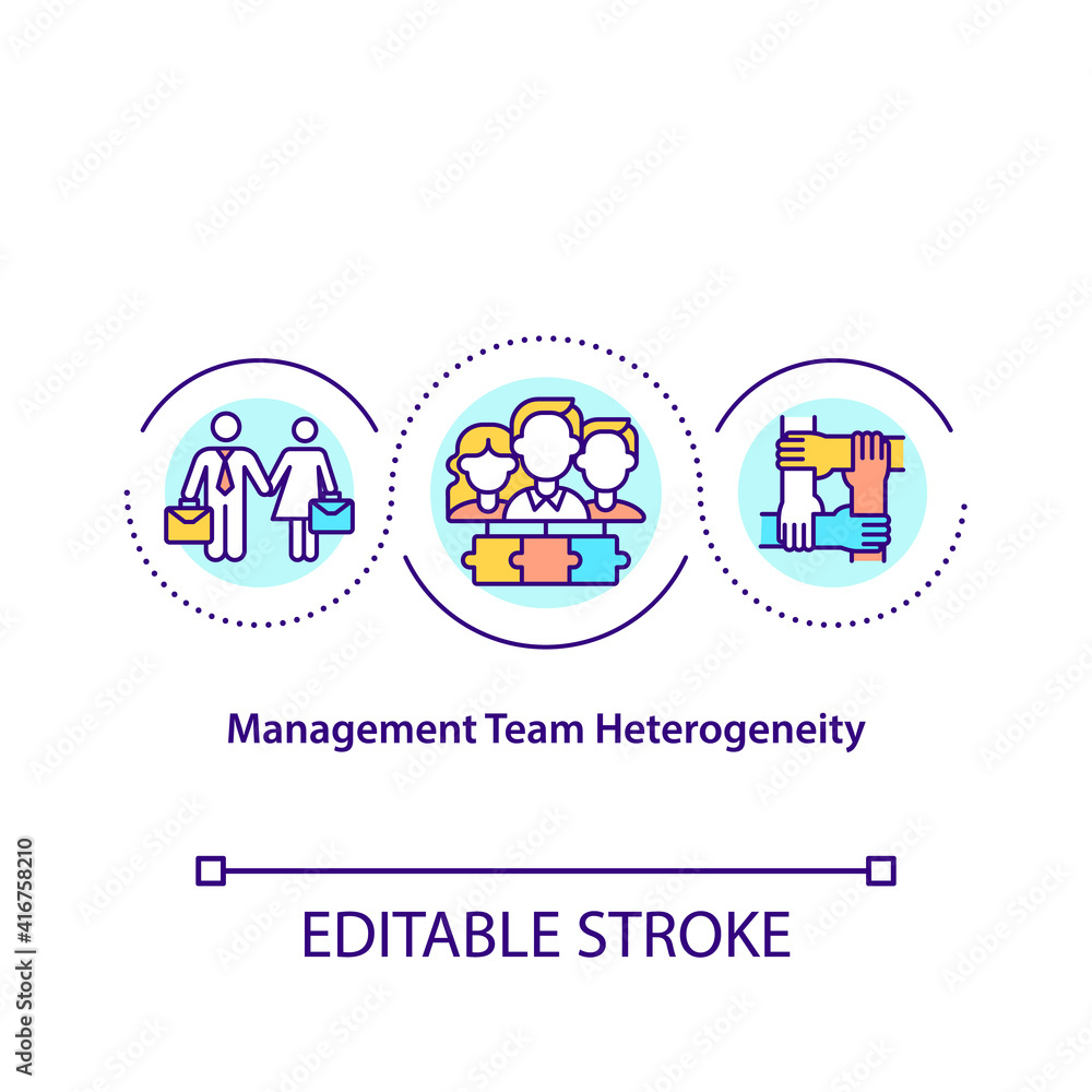 Management team heterogeneity concept icon. Functional experience idea thin line illustration. Firm performance. Age and team tenure. Vector isolated outline RGB color drawing. Editable stroke