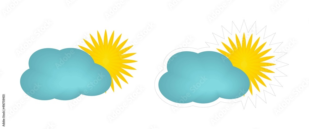 Simple vector sticker of a yellow sun coming out from behind a blue cloud. Cloudy weather icon. Clipart isolated on white background Simple vector sticker of a yellow sun coming out from behind a blue cloud. Cloudy weather icon. Clipart isolated on white background