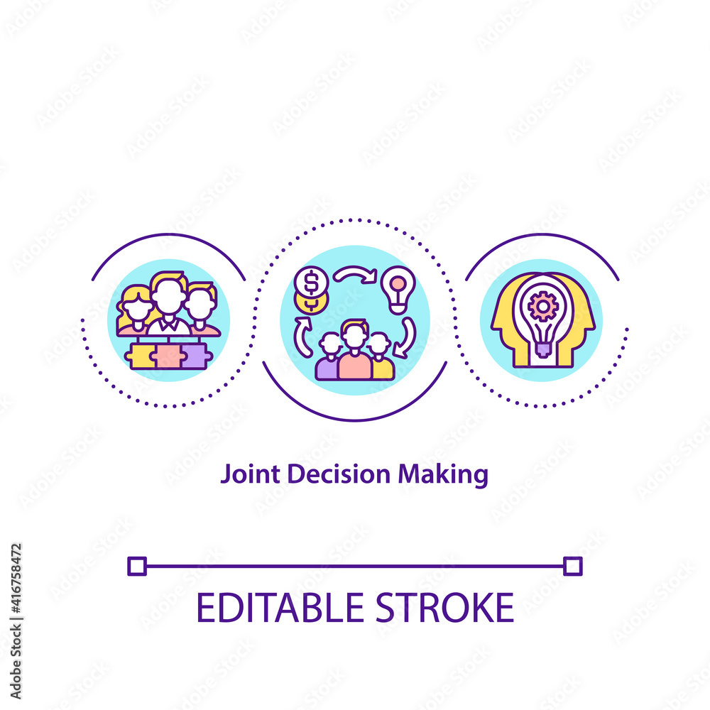 Joint decision making concept icon. Collegiality idea thin line illustration. Management of executive person. Work organization. Vector isolated outline RGB color drawing. Editable stroke Joint decision making concept icon. Collegiality idea thin line illustration. Management of executive person. Work organization. Vector isolated outline RGB color drawing. Editable stroke