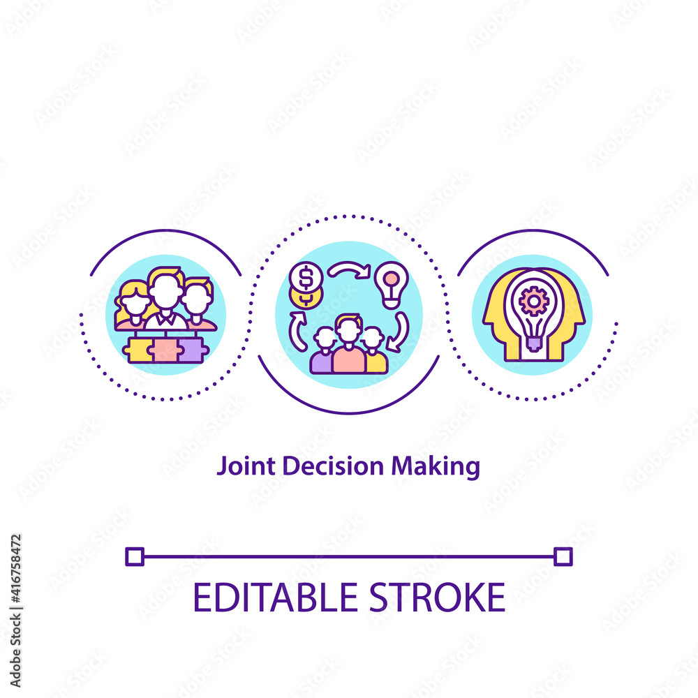 Joint decision making concept icon. Collegiality idea thin line illustration. Management of executive person. Work organization. Vector isolated outline RGB color drawing. Editable stroke