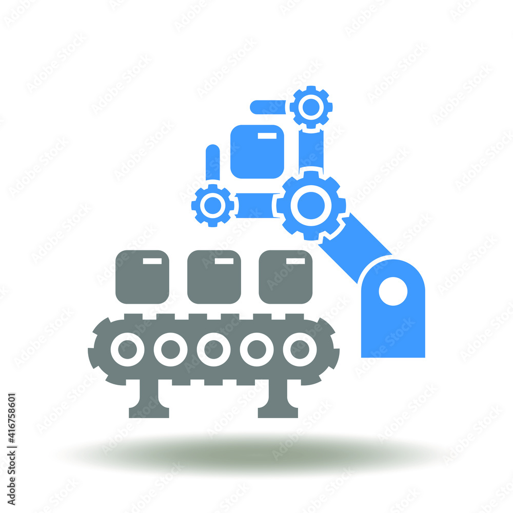 Conveyor belt with parcel boxes and robotic manipulator vector icon. Automation Warehouse Technology Symbol. Conveyor belt with parcel boxes and robotic manipulator vector icon. Automation Warehouse Technology Symbol.