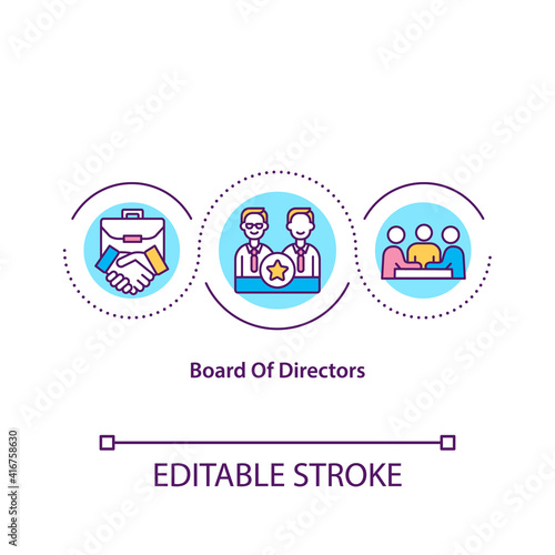 Board of directors concept icon. Powers, duties, and responsibilities idea thin line illustration. Group of people. Membership. Vector isolated outline RGB color drawing. Editable stroke