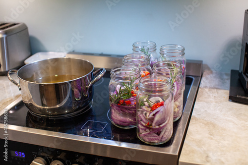 Obraz na plátně Homemade sweet and spicy pickled red onions sliced in a large mason glass jar, made with chilli peppers, garlic, pepper corns, rosemary and apple cider vinegar