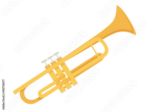 Golden trumpet musical instrument flat vector illustration isolated on white background