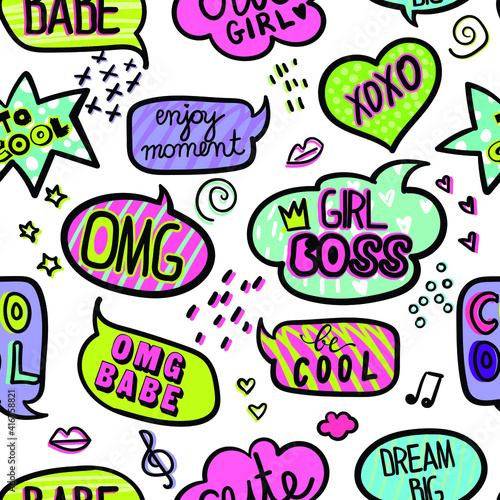 hand drawn fashion girls pattern. Colourful modern teenagers background with graffiti elements, stickers. girlish print for textile, clothes, wrapping paper.