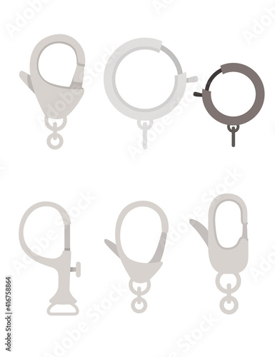 Set of metal climbing carabiners and claw clasps alpine climbing equipment flat vector illustration isolated on white background
