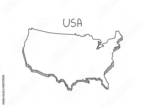 Hand Drawn of United State of America 3D Map on White Background. 
