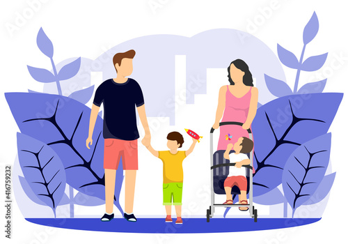 Family, dad, mom, son and daughter. The concept of family values. Vector illustration.