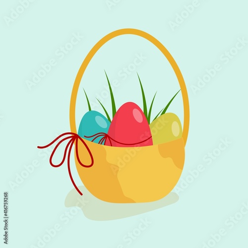 Decorative basket with Easter eggs. Minimalistic vector composition on a green background.