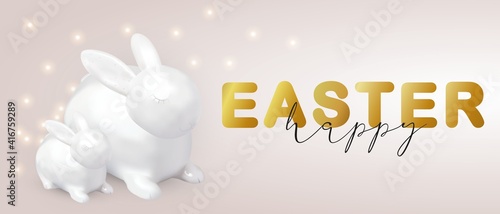 Happy Easter horizontal card bunner. Porcelain rabbit or bunny on bright backgrond. Vector illustration with 3d decorative object. Greeting card.