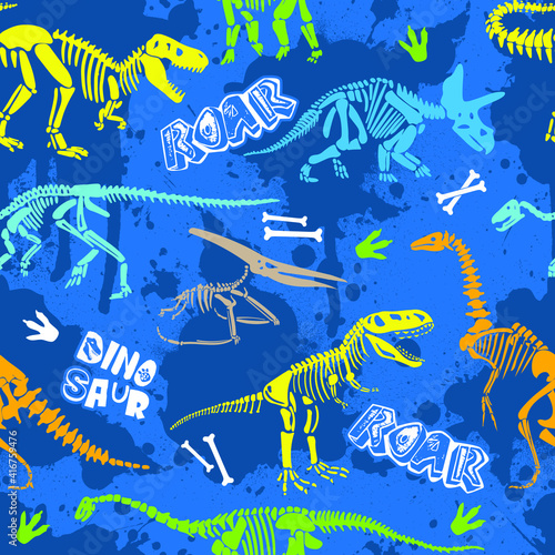 Seamless  Dino pattern, print for T-shirts, textiles, wrapping paper, web. Original design with t-rex,dinosaur skeleton.  grunge design for boys . 