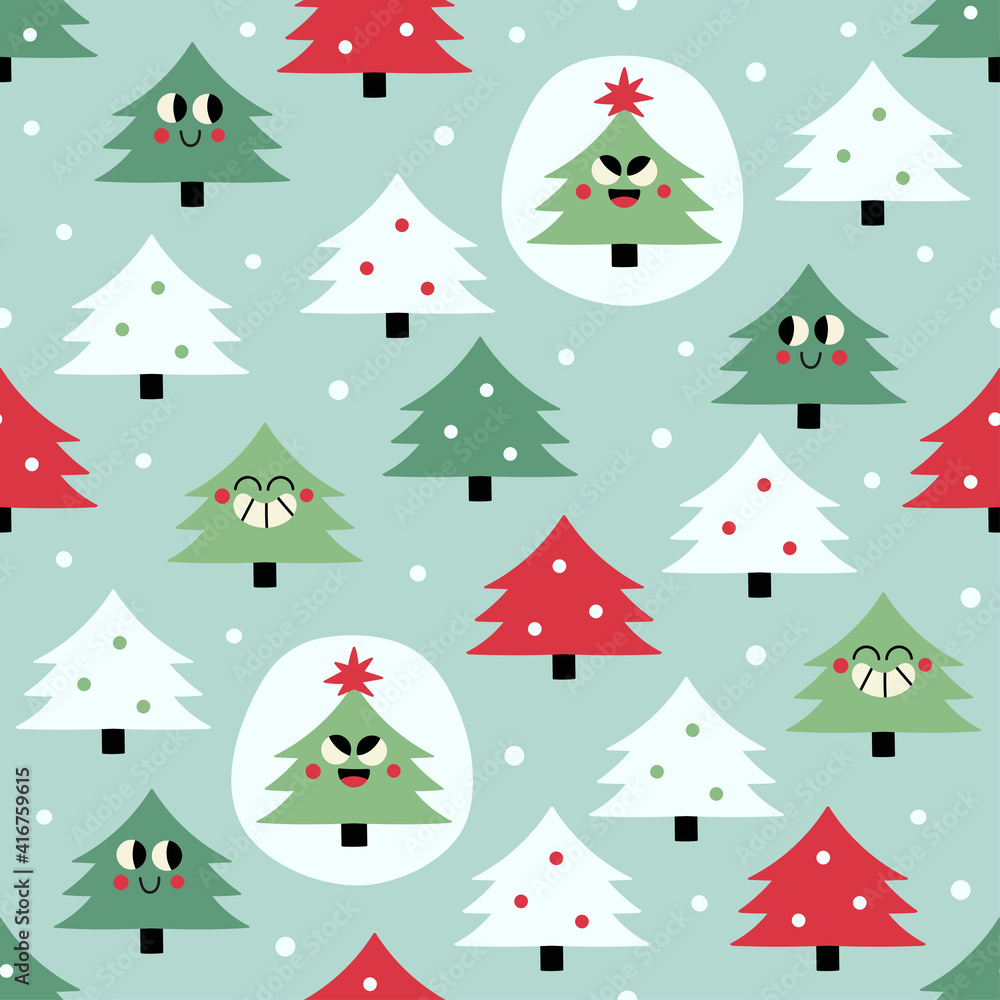 Winter seamless vector pattern with festive forest. Winter forest with decorative fir trees and Christmas tree characters on the blue background.