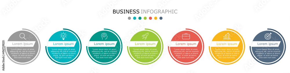 Business infographic Vector with 7 steps. Used for presentation,information,education,connection,marketing, project,strategy,technology,learn,brainstorm,creative,growth,abstract,stairs,idea,text,work.