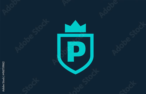 P blue shield alphabet icon logo for company with letter. Creative design for corporate and business with king crown