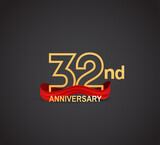 32 anniversary logotype design with line golden color and red ribbon isolated on dark background can be use for celebration, greeting card and special moment event
