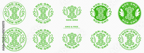 A set of conceptual stamps for packaging products. Labeling - non gmo. Stamp with a flat icon of molecule of genetically modified organism with wings - a symbol of the liberated, free. Vector  element