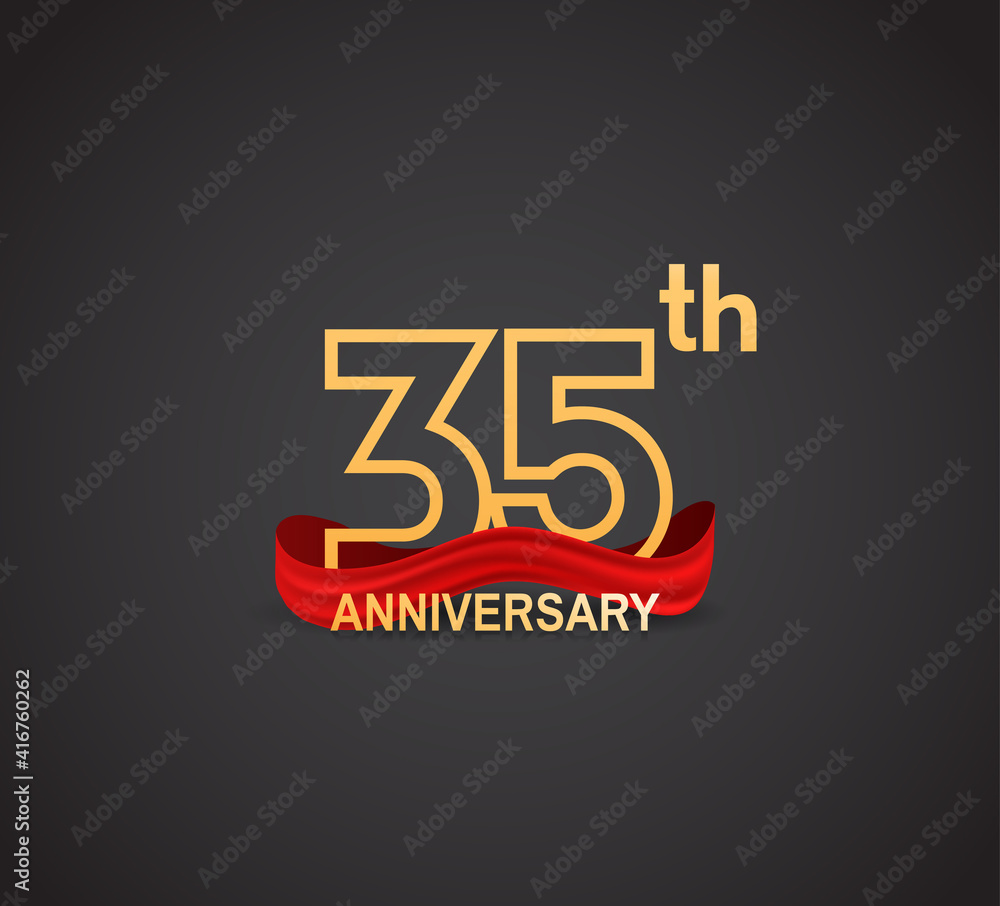 35 anniversary logotype design with line golden color and red ribbon isolated on dark background can be use for celebration, greeting card and special moment event