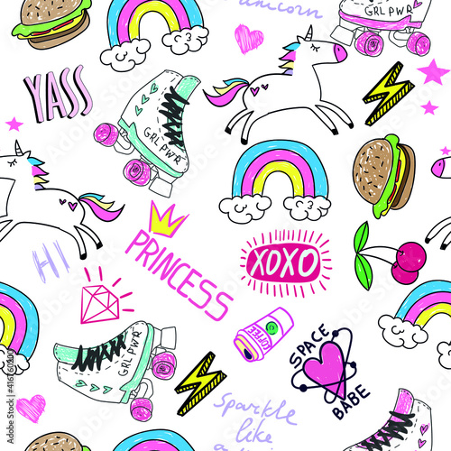 hand drawn fashion girls pattern. Colourful modern teenagers background with graffiti elements, stickers. girlish print for textile, clothes, wrapping paper.