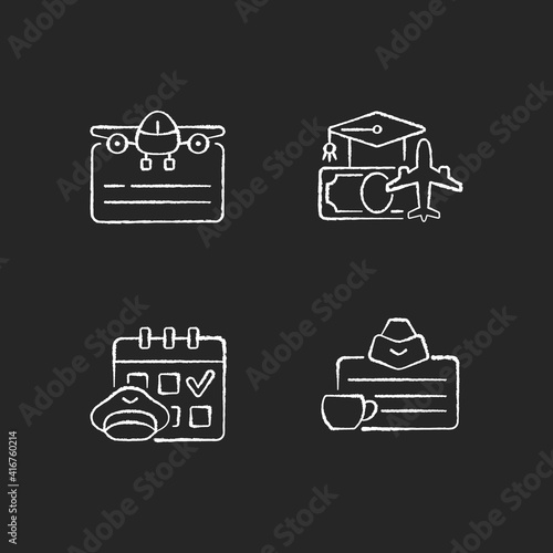 Aviation chalk white icons set on black background. Pilot training financing. Flight scheduling. Flight attendant license. Safety flights guarantee. Isolated vector chalkboard illustrations