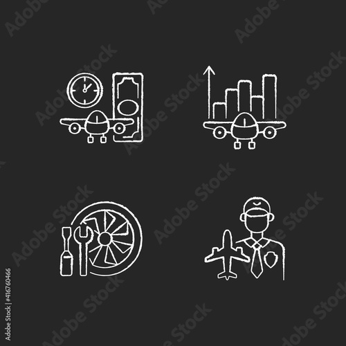 Aviation chalk white icons set on black background. Aircraft maintenance. Aviation security and fligts safety. Budget analysis. Aircraft rental. Isolated vector chalkboard illustrations photo