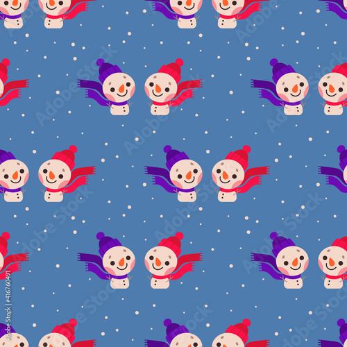 Seamless vector pattern with cute colorful snowmen in snowfall. Funny colorful winter pattern. Winter festive background for print, wrapping paper, textile, etc.