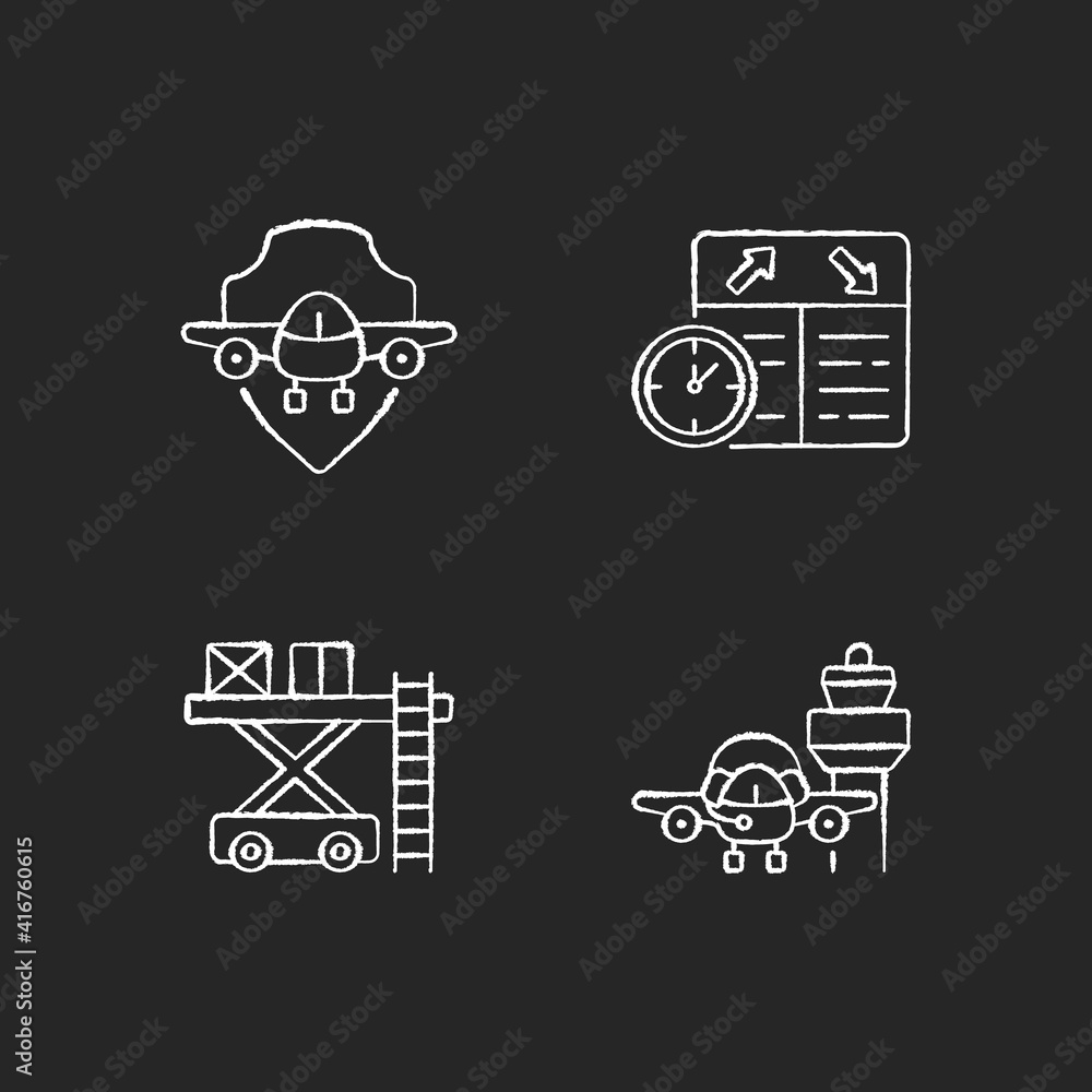 Civil aviation safety flights chalk white icons set on black background ...