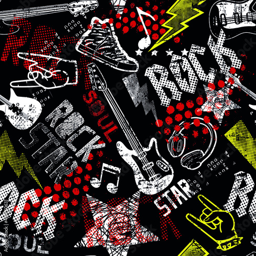 Rock star. grunge rock music pattern with guitar. Cool background for textiles, wrapping paper, prints and more.