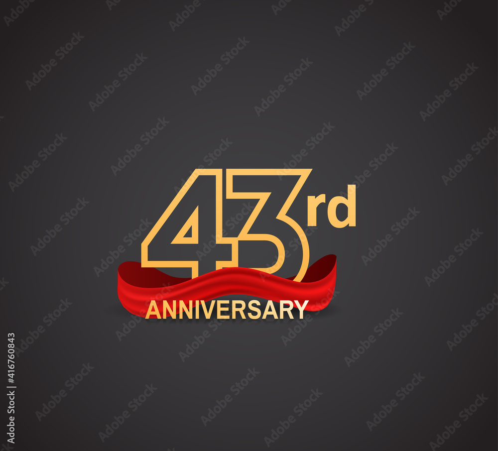 43 anniversary logotype design with line golden color and red ribbon isolated on dark background can be use for celebration, greeting card and special moment event