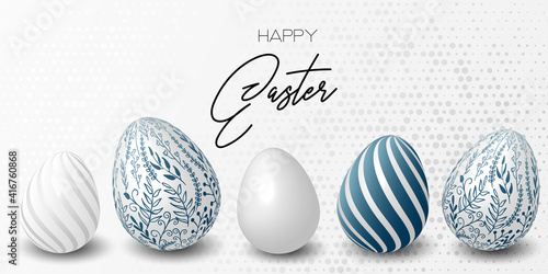 Happy easter template with blue, white rustic floral eggs, dotted background. Vector illustration. Design layout for invitation, card, menu, flyer, banner, poster, voucher. Elegant design