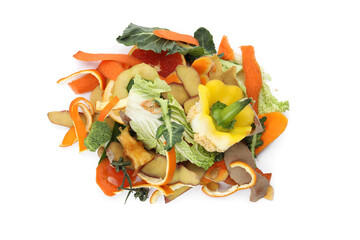 Pile of organic waste for composting on white background, top view