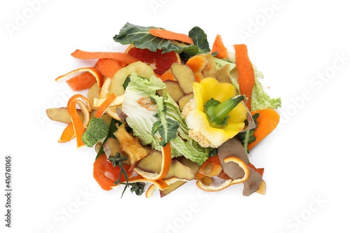 Canvas Print Pile of organic waste for composting on white background, top view