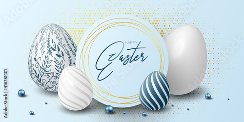 Happy easter template with blue, white rustic floral eggs, dotted background. Vector illustration. Design layout for invitation, card, menu, flyer, banner, poster, voucher. Elegant design