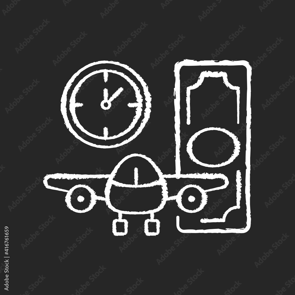 Aircraft rental chalk white icon on black background. Ability to get plane for rent. Light aircraft. Plane, money and clock. Silhouette symbol on white space. Isolated vector chalkboard illustration Aircraft rental chalk white icon on black background. Ability to get plane for rent. Light aircraft. Plane, money and clock. Silhouette symbol on white space. Isolated vector chalkboard illustration
