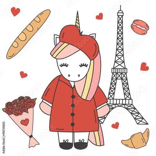 Cute lovely cartoon character unicorn in Paris funny vector illustration