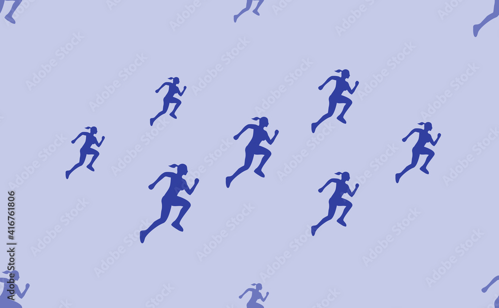 Seamless pattern of large isolated blue running woman symbols. The pattern is divided by a line of elements of lighter tones. Vector illustration on light blue background