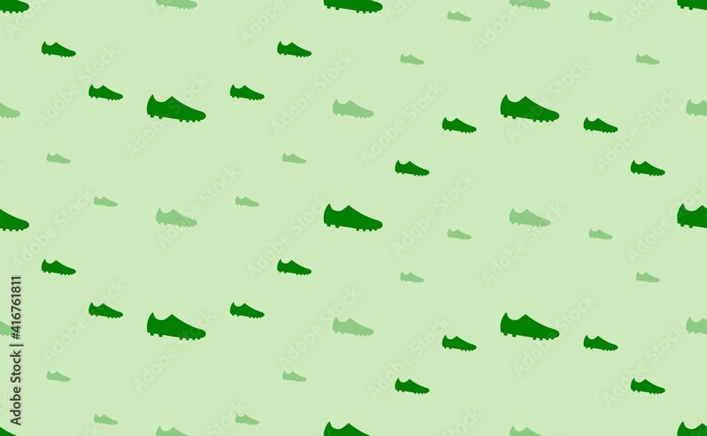 Fototapeta premium Seamless pattern of large and small green football boot symbols. The elements are arranged in a wavy. Vector illustration on light green background