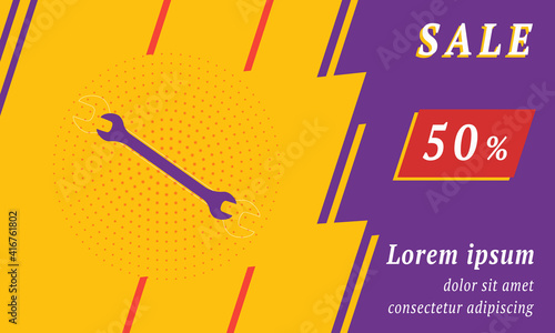 Sale promotion banner with place for your text. On the left is the wrench symbol. Promotional text with discount percentage on the right side. Vector illustration on yellow background