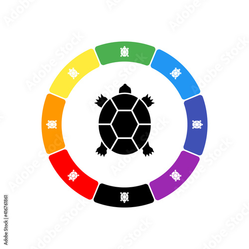 A large black turtle symbol in the center, surrounded by eight white symbols on a colored background. Background of seven rainbow colors and black. Vector illustration on white background