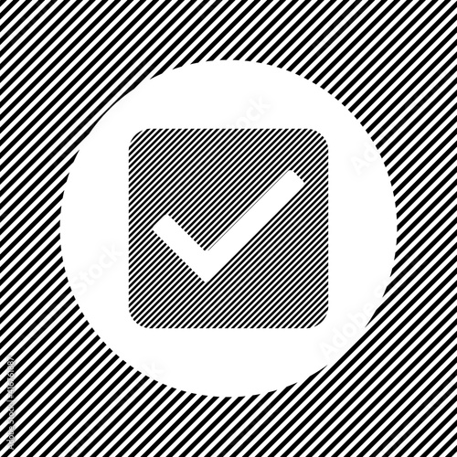 A large checkbox symbol in the center as a hatch of black lines on a white circle. Interlaced effect. Seamless pattern with striped black and white diagonal slanted lines