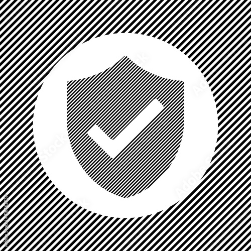 A large protection mark symbol in the center as a hatch of black lines on a white circle. Interlaced effect. Seamless pattern with striped black and white diagonal slanted lines