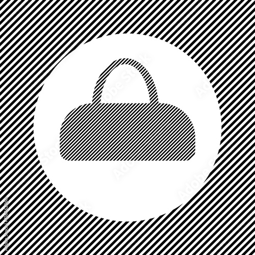 A large sports bag symbol in the center as a hatch of black lines on a white circle. Interlaced effect. Seamless pattern with striped black and white diagonal slanted lines