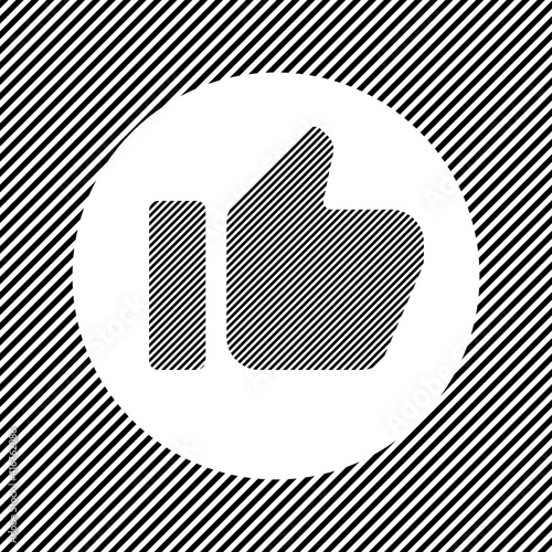A large thumb up symbol in the center as a hatch of black lines on a white circle. Interlaced effect. Seamless pattern with striped black and white diagonal slanted lines